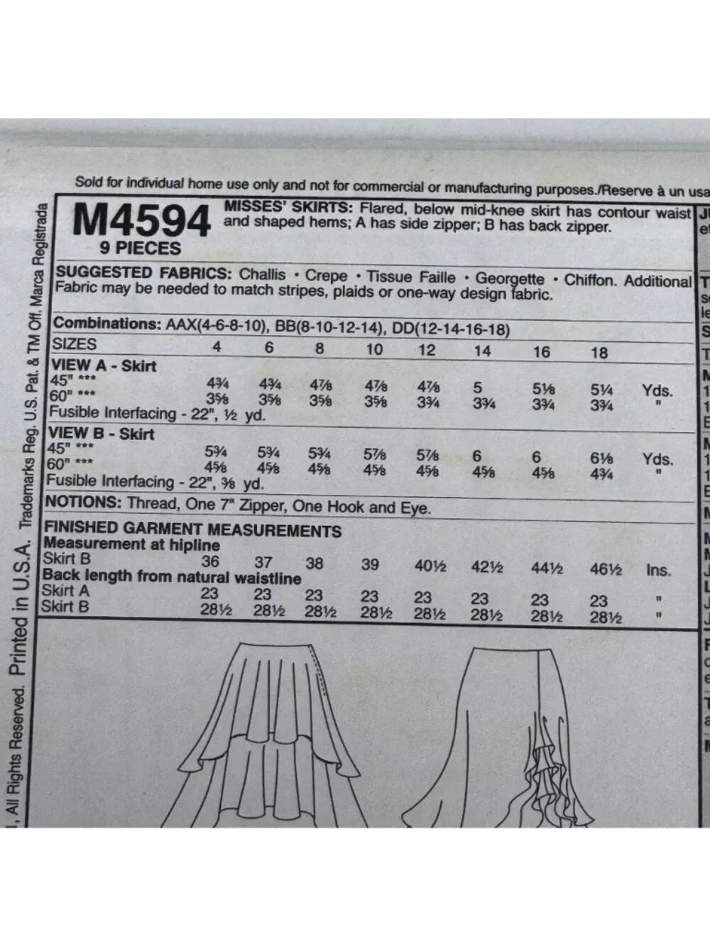 McCalls Sewing Pattern M4594 Y2K Flowy Skirt Ruffle Hem Boho Chic 4-10 Uncut